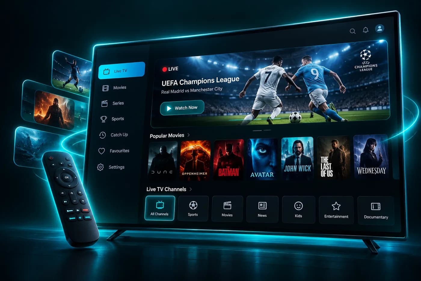 IPTV Harmony app on a smart TV with live sports, movies and channel categories